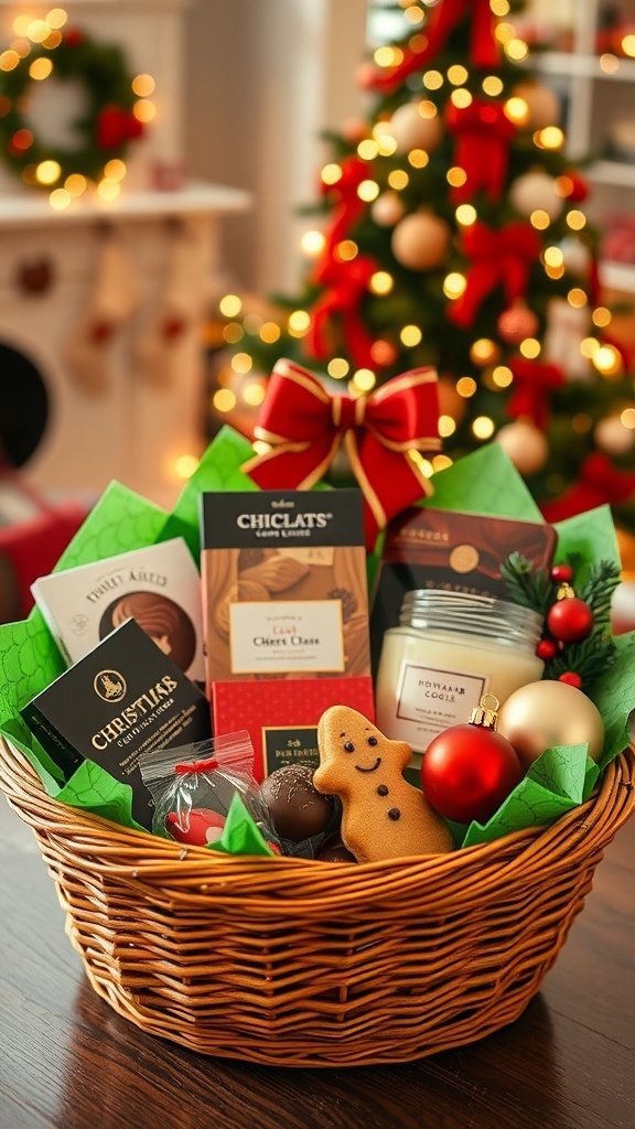 A festive Christmas gift basket filled with chocolates, cookies, and decorations in a cozy holiday setting.